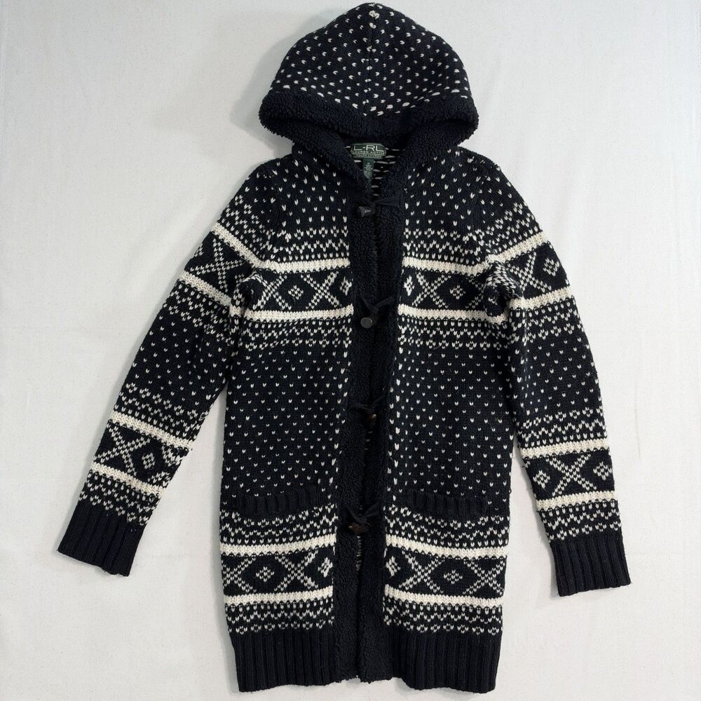 Lauren Ralph Lauren Womens M Black Fair Isle Hooded Toggle Wool Blend Cardigan